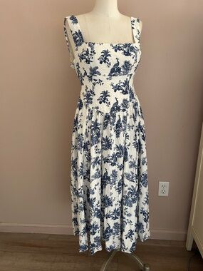 Caroline Constas Etoile floral print midi dress blue white linen-blend fabric